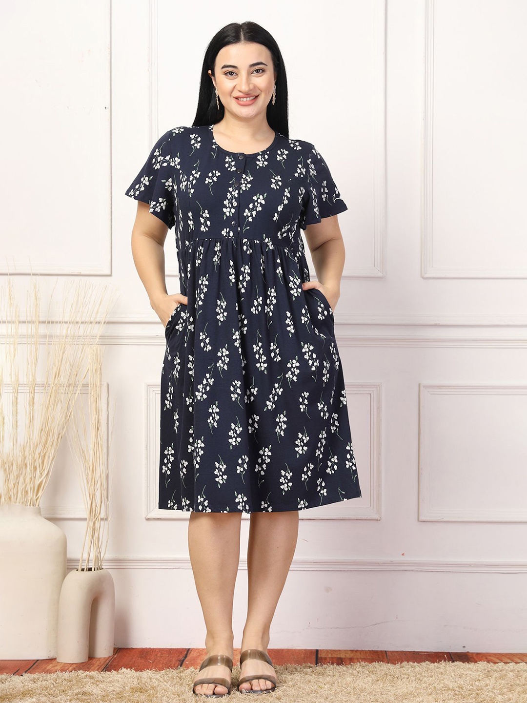 

House Of Zelena Floral Print Maternity Fit & Flare Dress, Navy blue