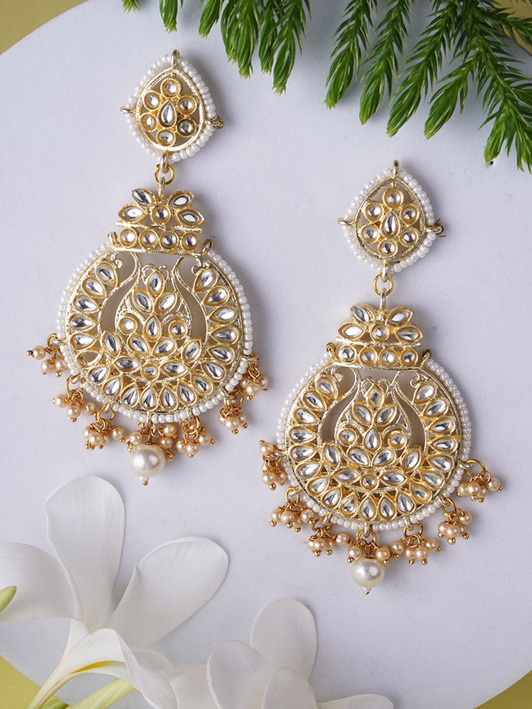 

House of Pataudi Gold-Plated Stone Studded & Beaded Drop Earrings