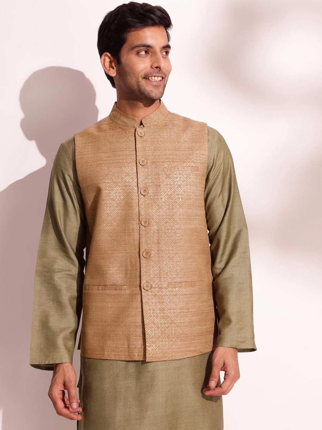 

Fabindia Men Pure Silk Printed Nehru Jacket, Beige