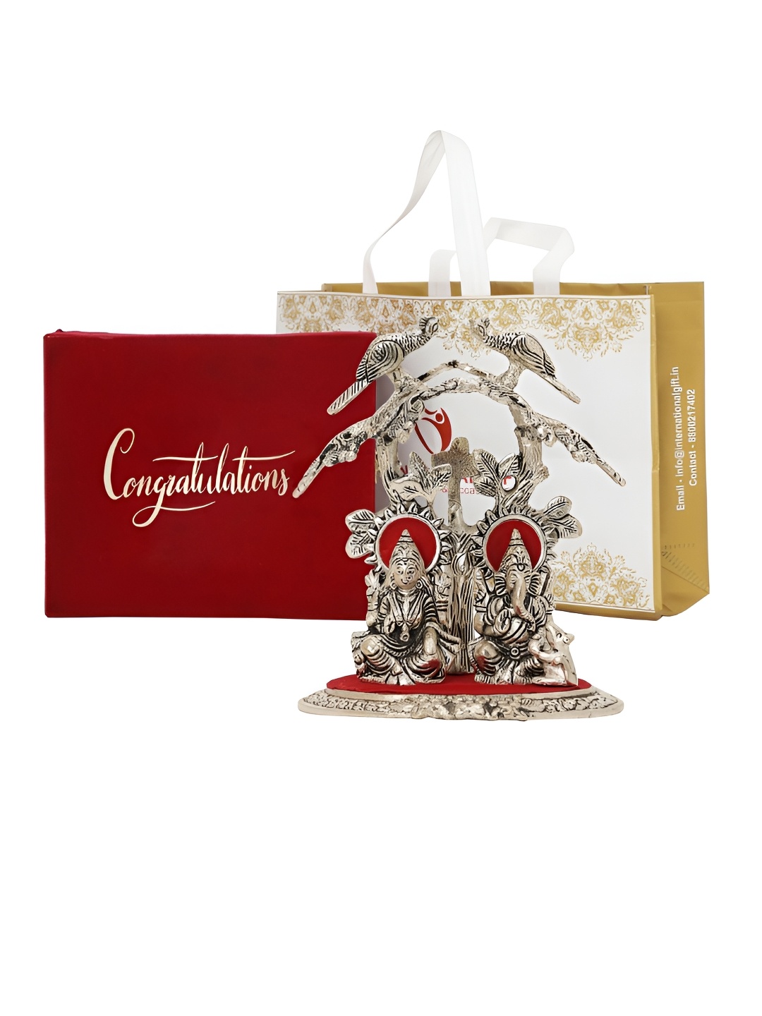 

INTERNATIONAL GIFT Silver-Toned Religious Laxmi Ganesh With Box & Congratulation Tag