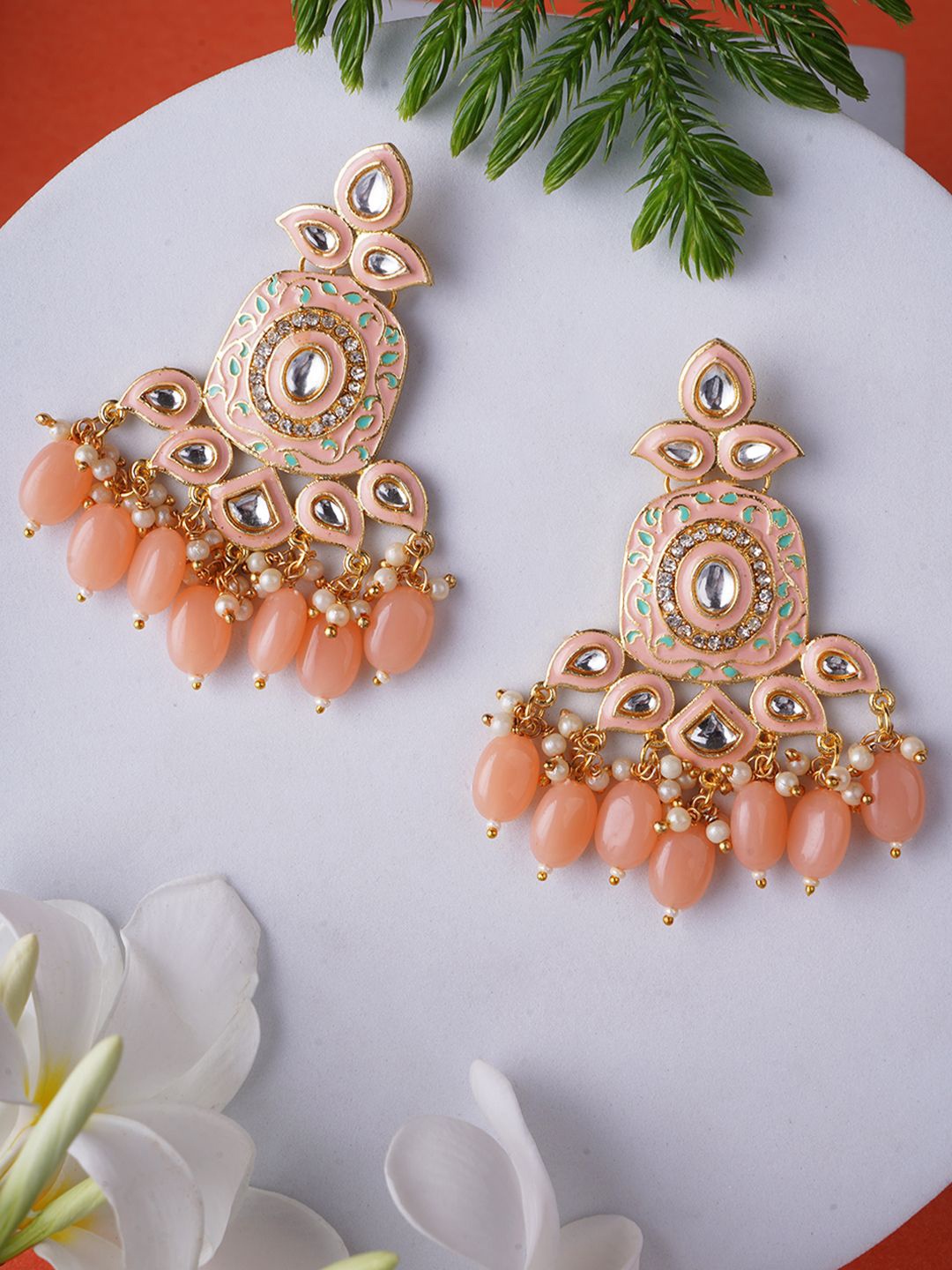 

Anouk Gold Plated Kundan & Pearl Studded Classic Drop Earrings, Peach