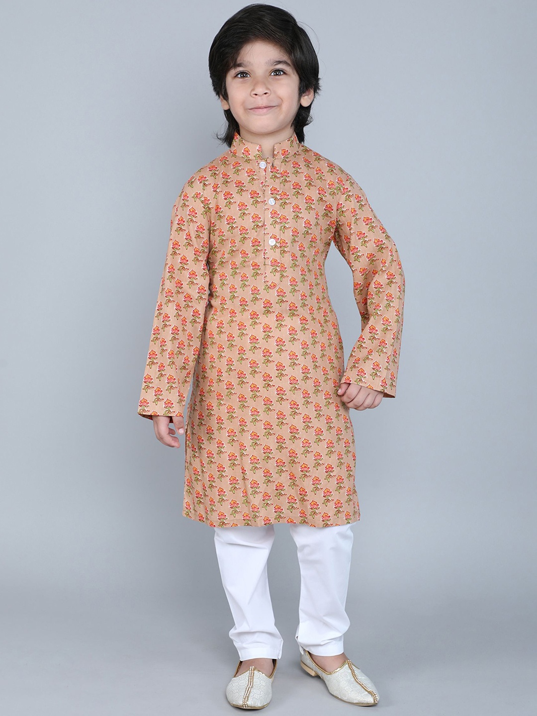 

Little Clothings Boys Floral Printed Pure Cotton Straight Kurta with Churidar, Beige