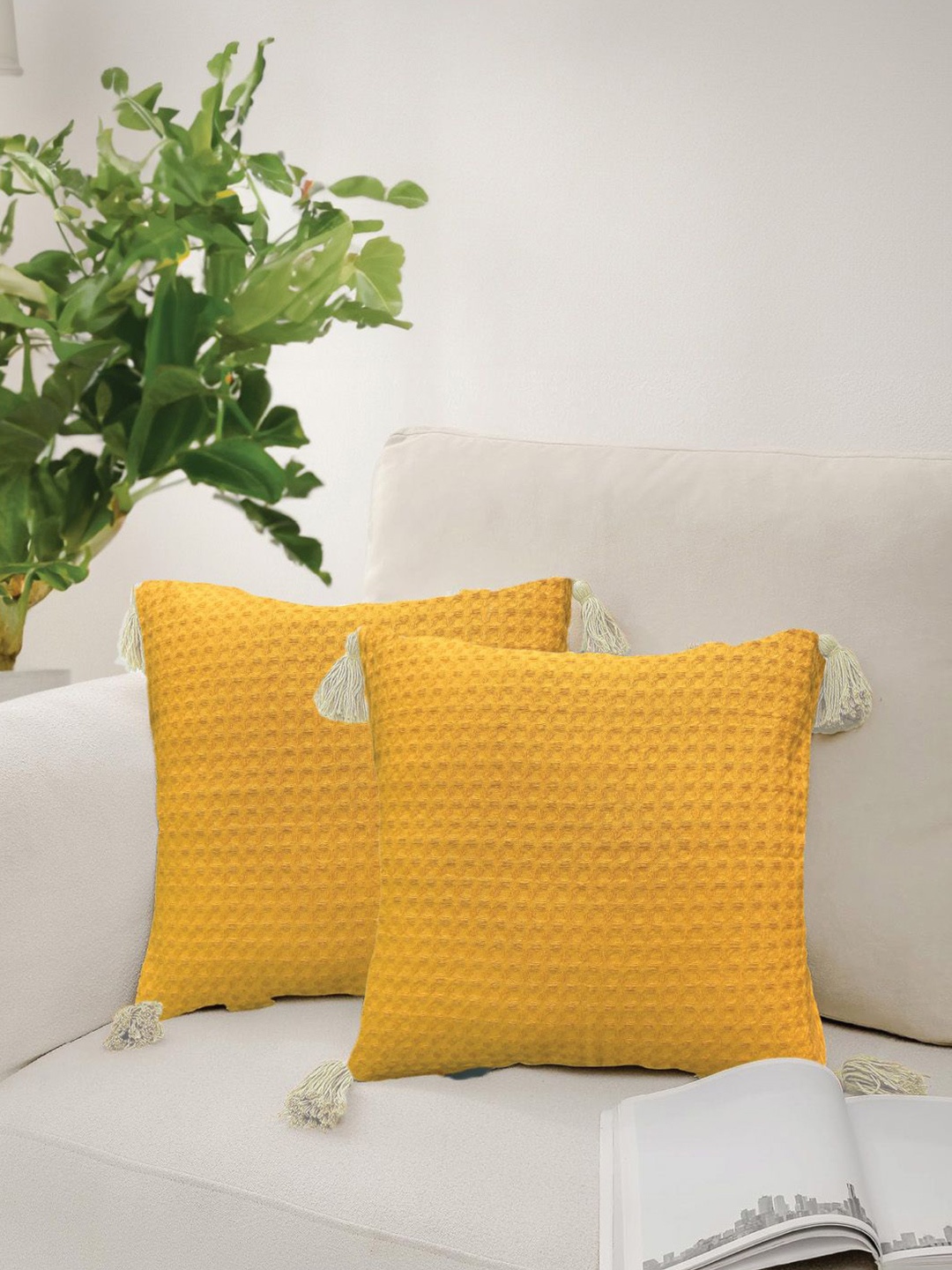 

URBAN SPACE Mustard Yellow 2 Pieces Checked Square Cushion Covers
