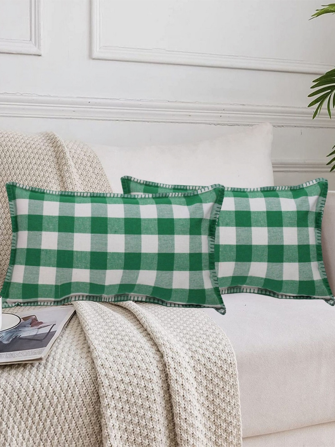 

Lushomes Green & White 2 Pieces Checked Cotton Rectangle Cushion Covers