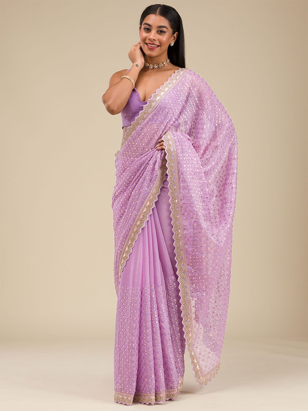 

Koskii Floral Embroidered Saree, Purple