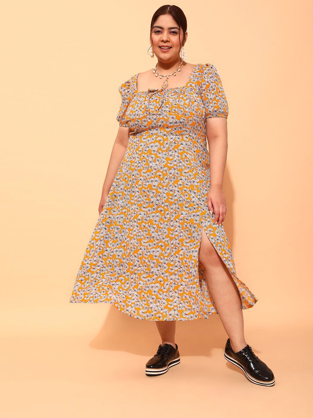 

CURVY STREET Women Floral Printed Crepe Fit & Flare Dress, Yellow