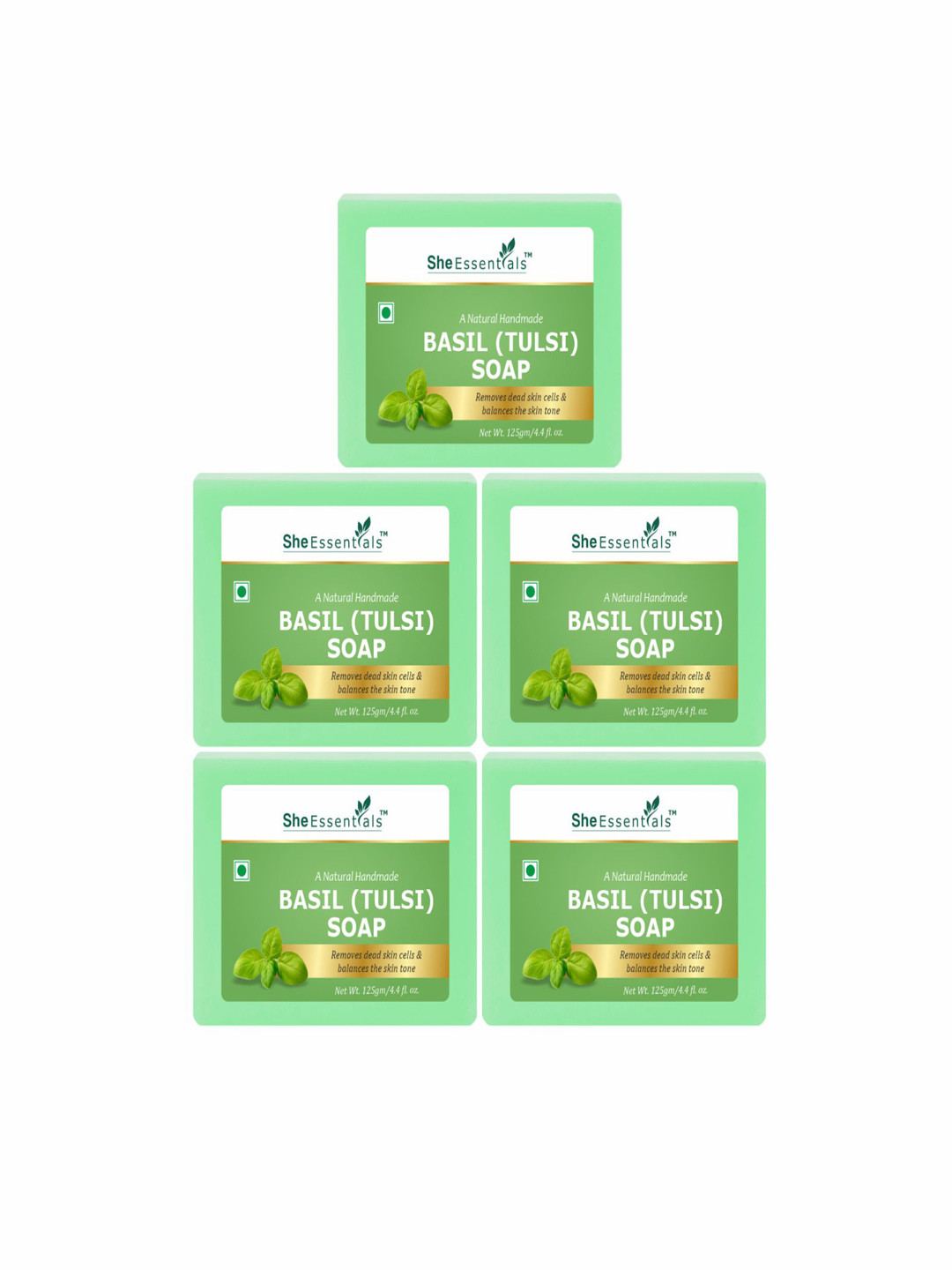 

She Essentials Set Of 5 Natural Basil Soap - 125 g Each, Transparent
