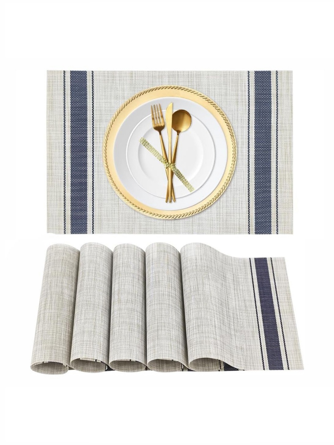 

TIED RIBBONS Grey & Blue 6 Pieces Striped Rectangle Shape Table Placemats