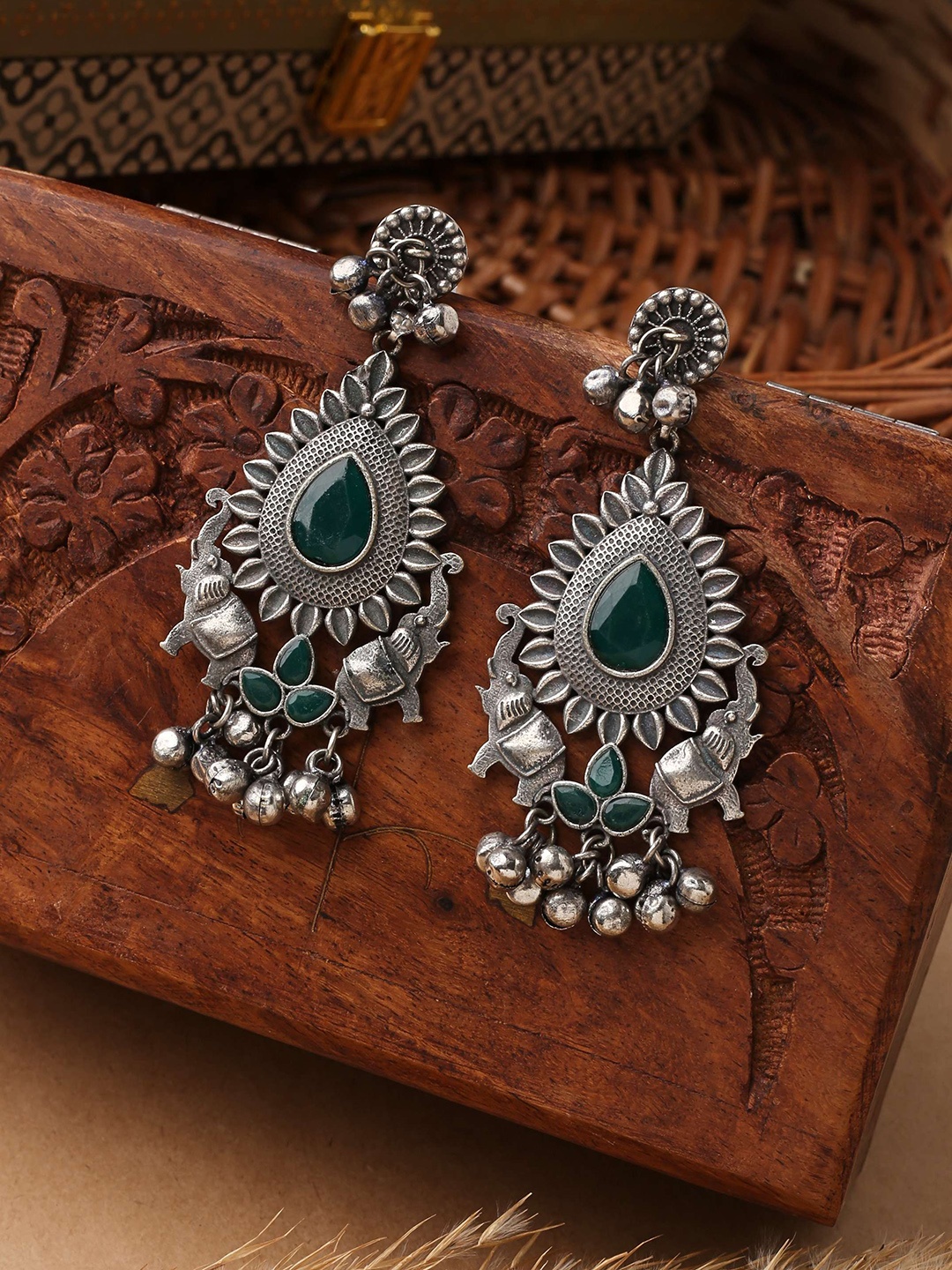 

Mirraw Oxidised Silver-Plated Stones Studded Drop Earrings