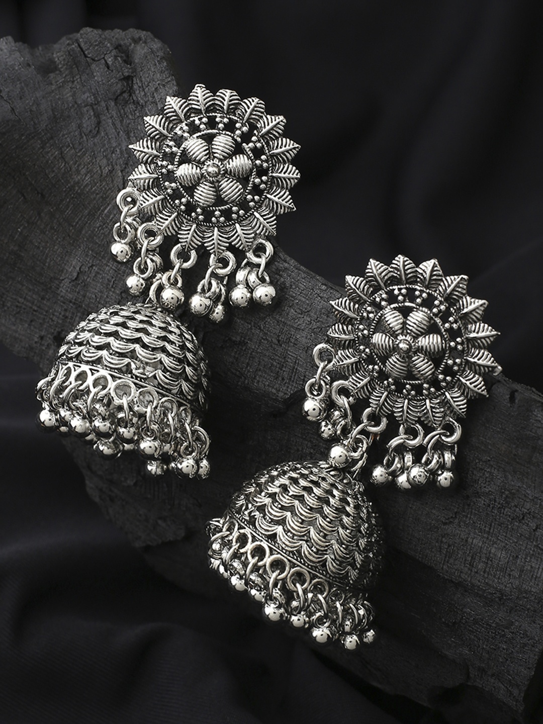 

Mirraw Silver-Plated Oxidised Floral Dome Shaped Jhumkas