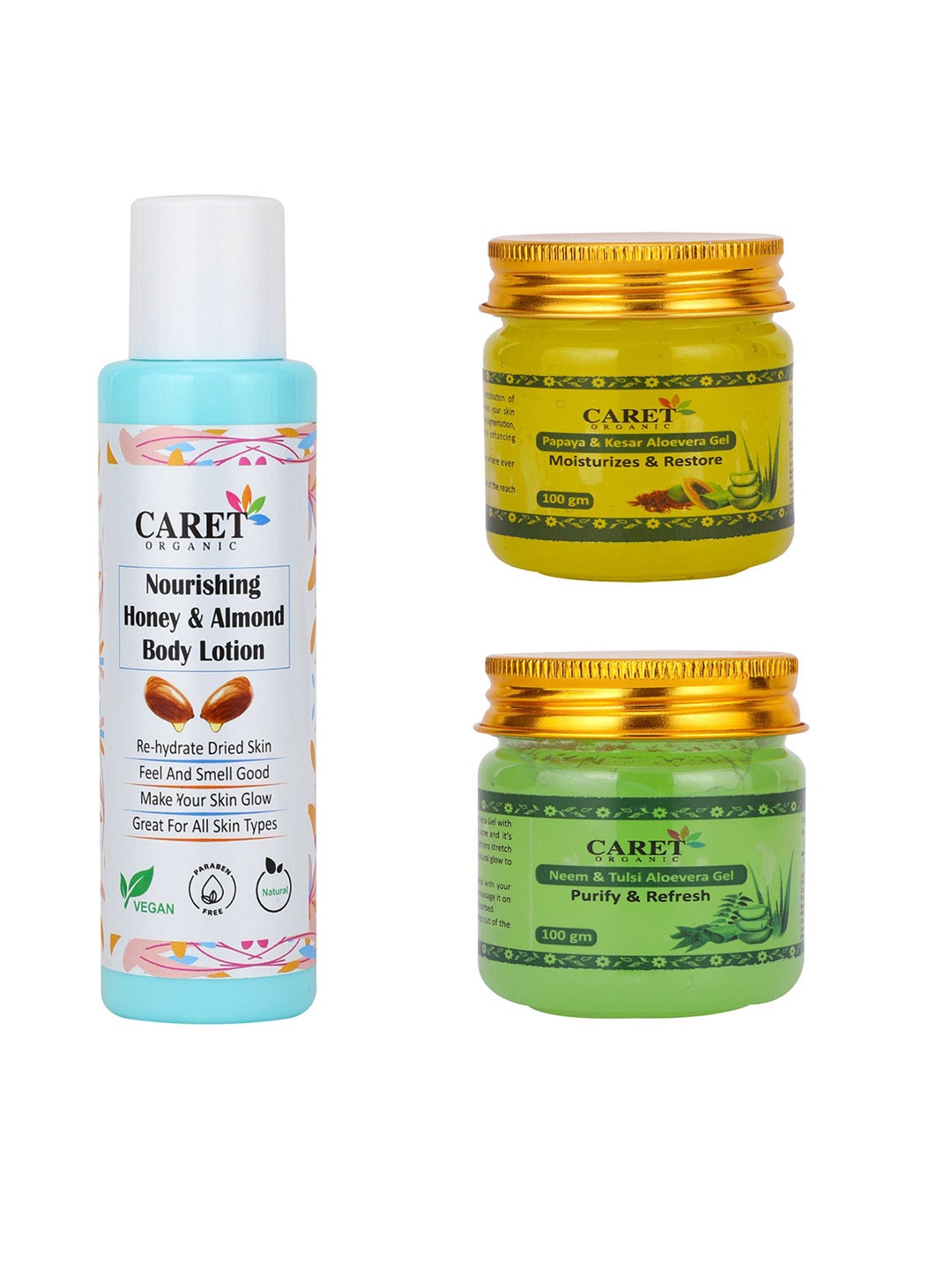 

CARET ORGANIC Set Of 3 Papaya Kesar Gel- 100 g - Body Lotion- 100 ml & Neem Gel - 100 g, White