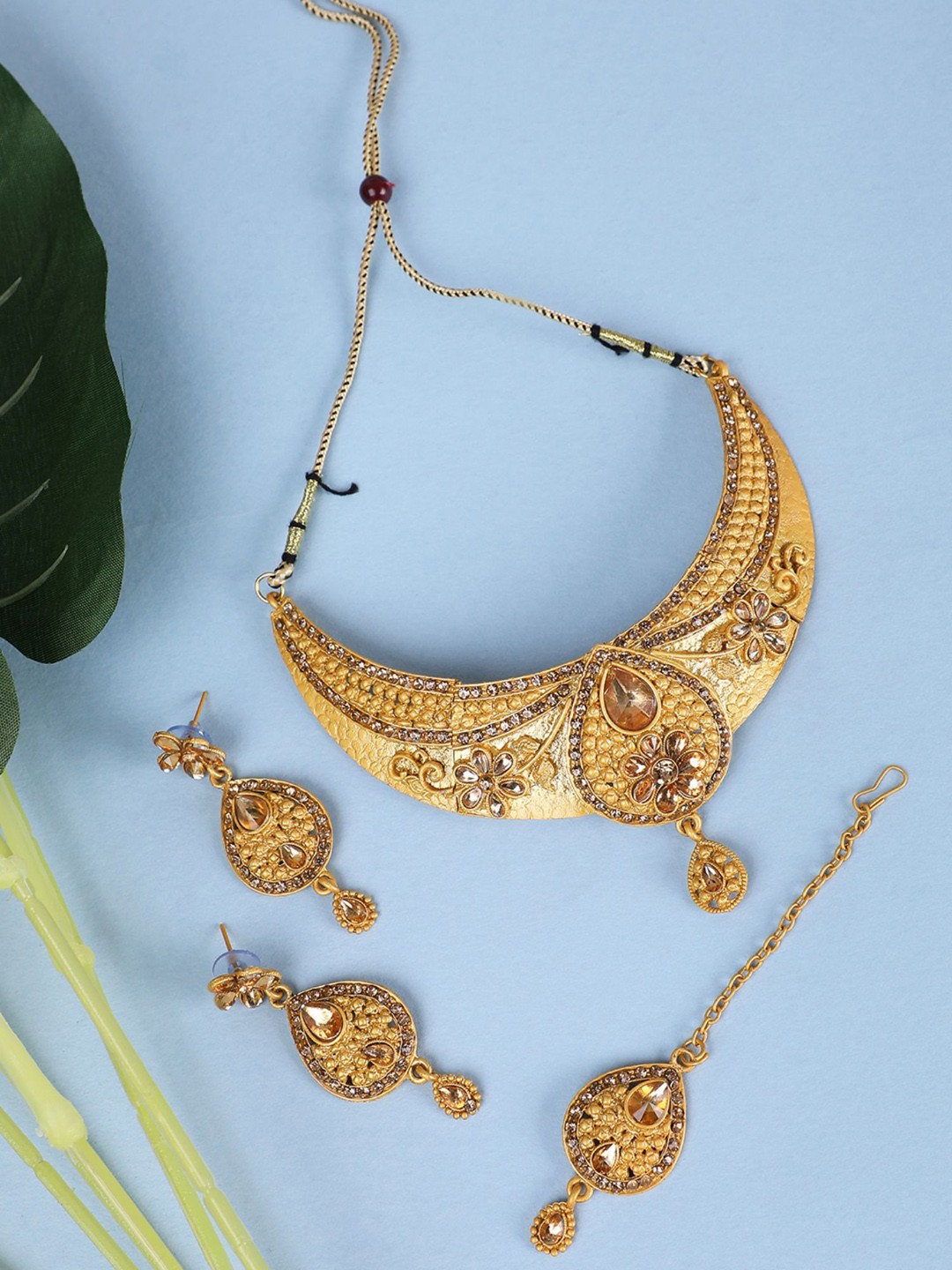 

ANIKAS CREATION Gold-Plated CZ-Studded & Beaded Necklace & Earrings With Maang Tika