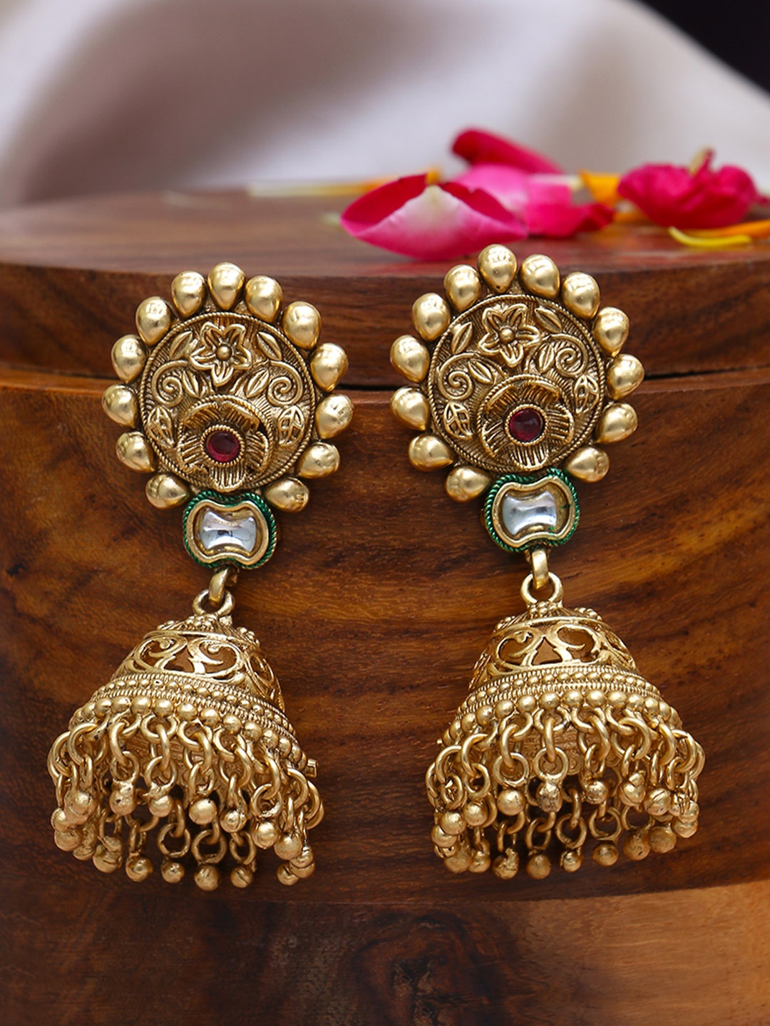 

Adwitiya Collection Gold Plated Artificial Stone Studded Classic Jhumkas