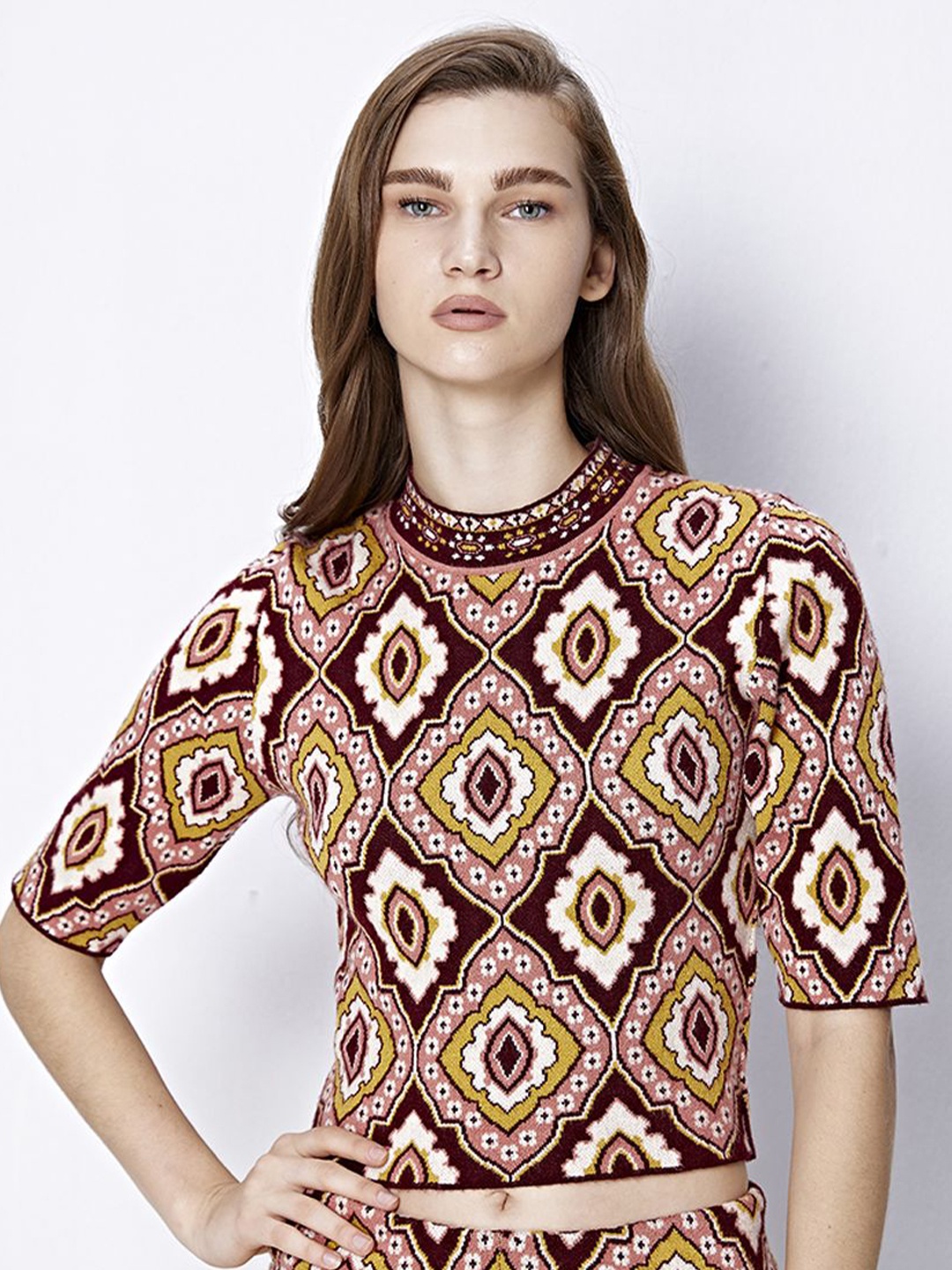 

COVER STORY Geometric Print Crop Top, Brown