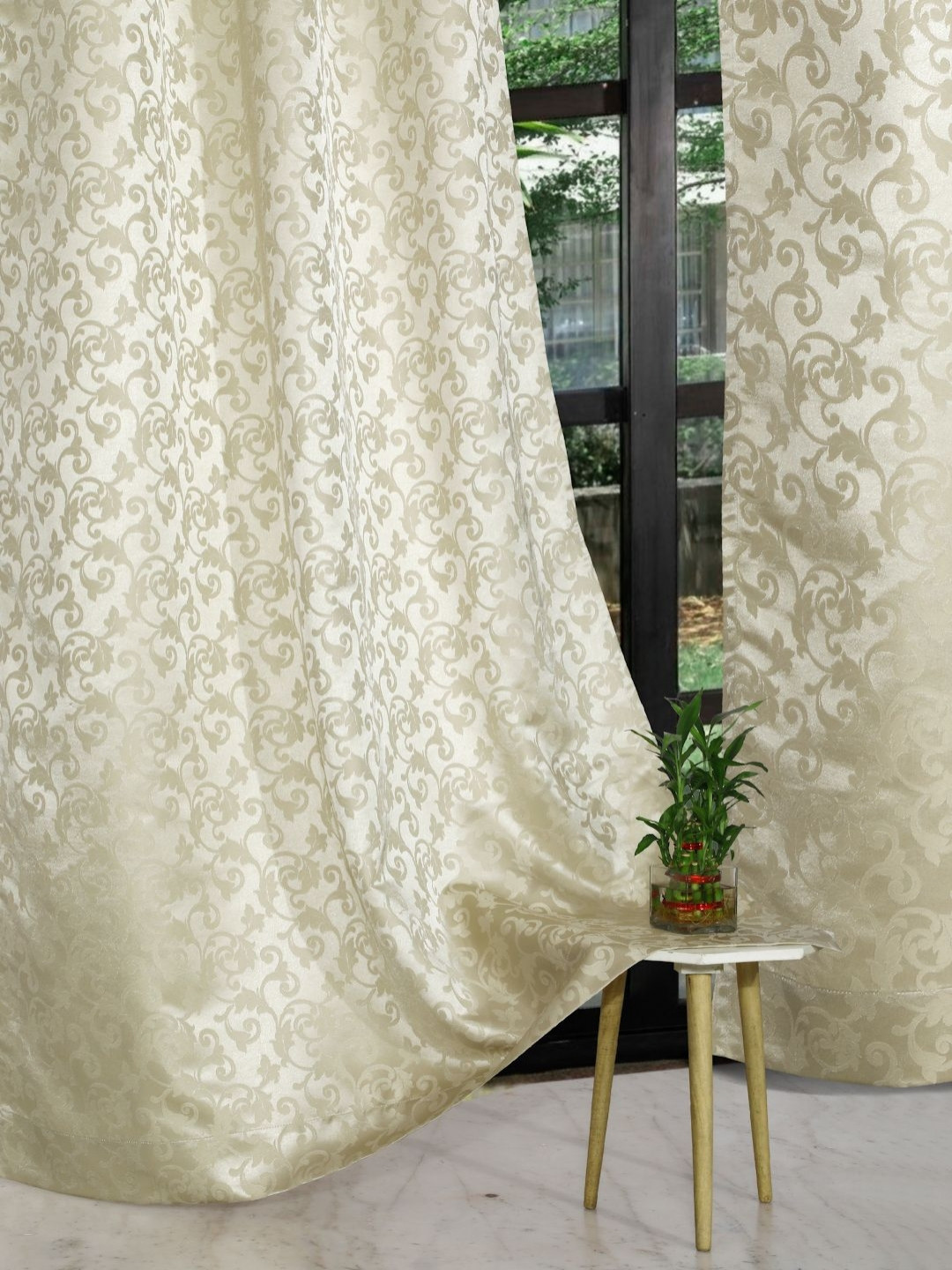 

ROSARA HOME Beige & Gold Toned 2 Pieces Floral Woven Design Jacquard Long Door Curtains