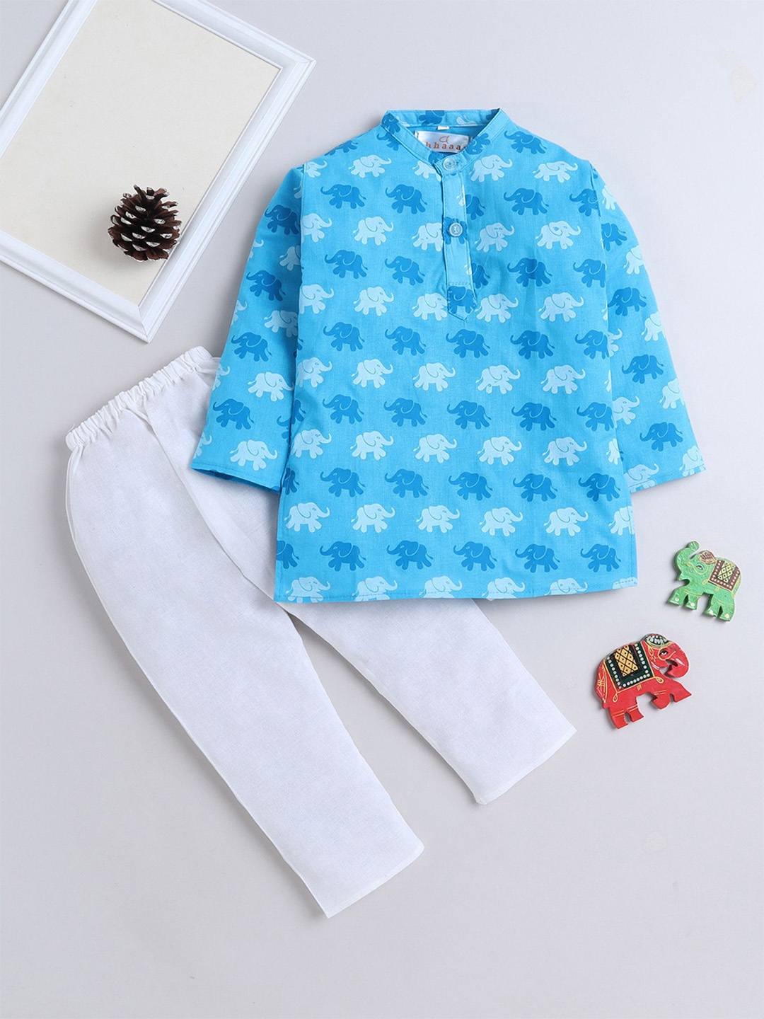 

BAESD Boys Floral Printed Band Collar Kurta With Trousers, Blue