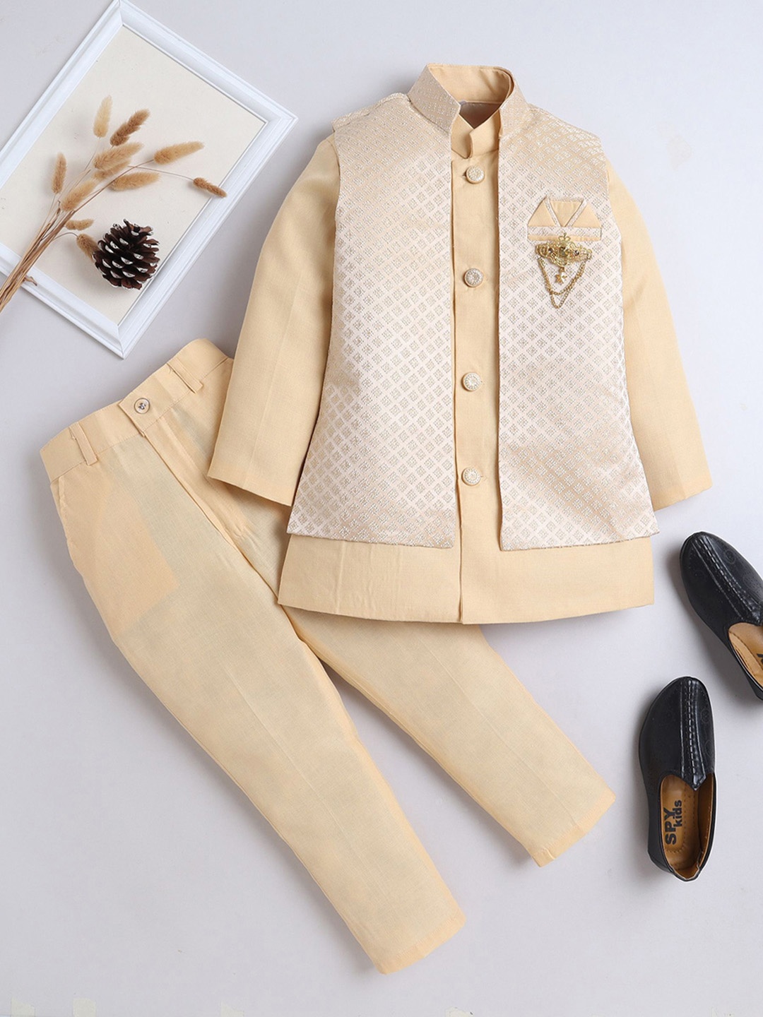 

BAESD Boys Mandarin Collar Dupion Silk Kurta With Trousers & Waistcoat, Gold