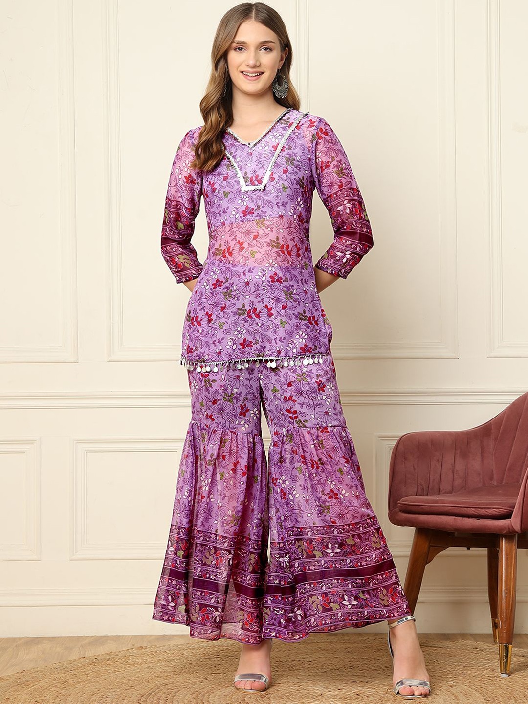 

DEEBACO Floral Printed Chiffon Top With Sharara, Lavender