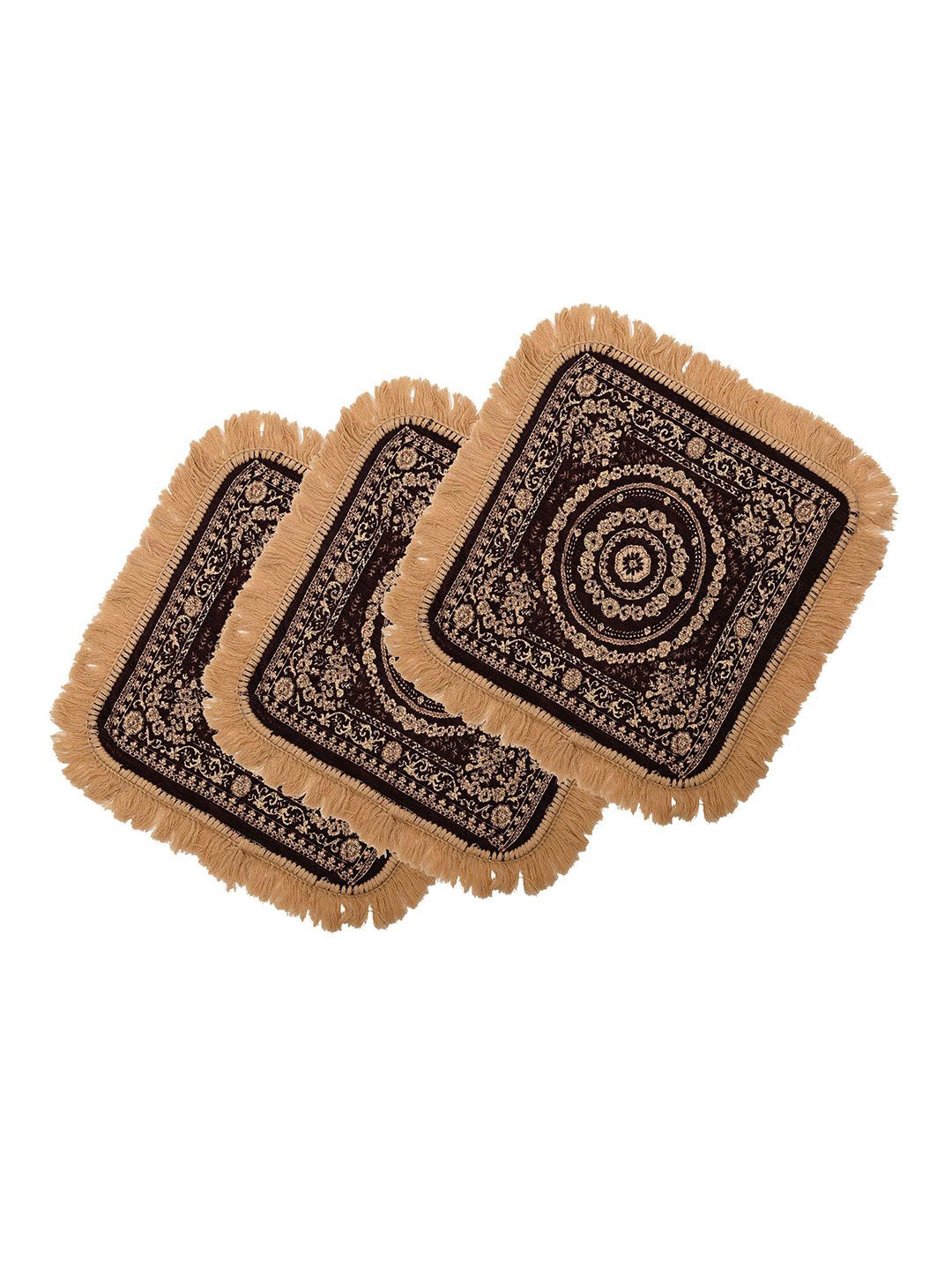 

Kuber Industries Brown & Gold Toned 3 Pieces Printed Velvet Pooja Mats