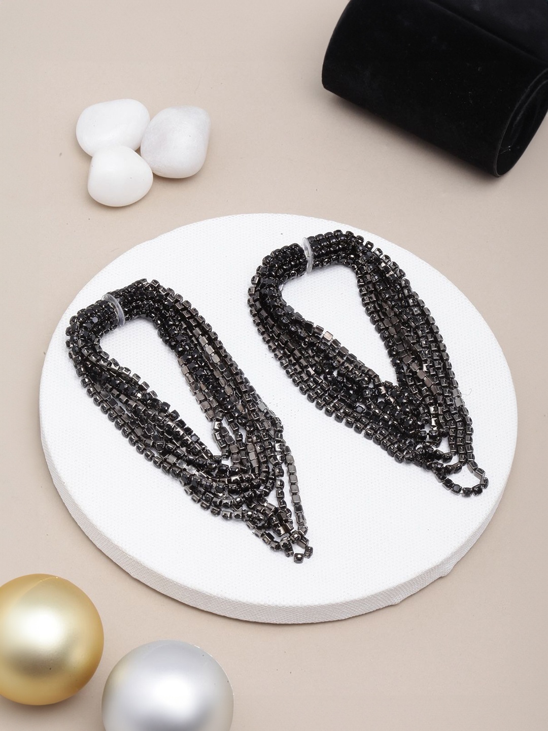 

KPOP Contemporary Stone Studded Drop Earrings, Black