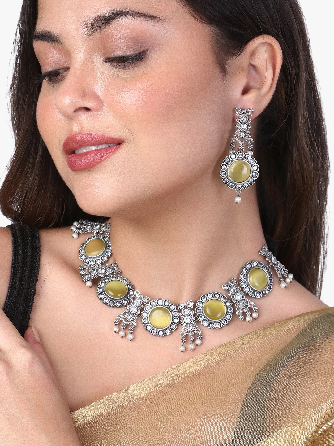 

Adwitiya Collection Silver-Plated Oxidized Stones Studded & Beaded Jewellery Set