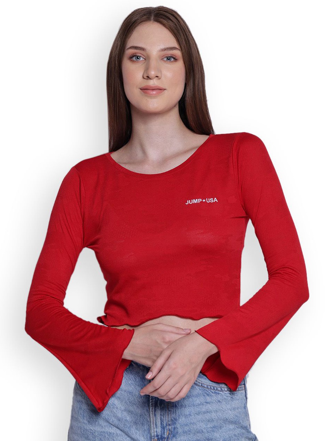 

JUMP USA Flared Sleeve Chiffon Crop Top, Red