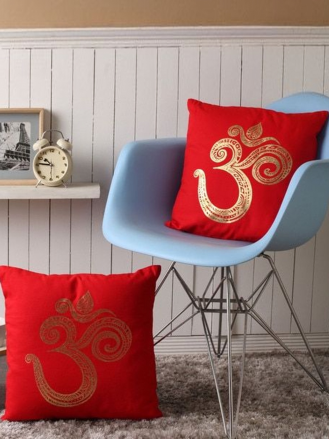 

Lushomes Red & Gold Toned 2 Pieces Om Printed Cotton Square Cushion Covers