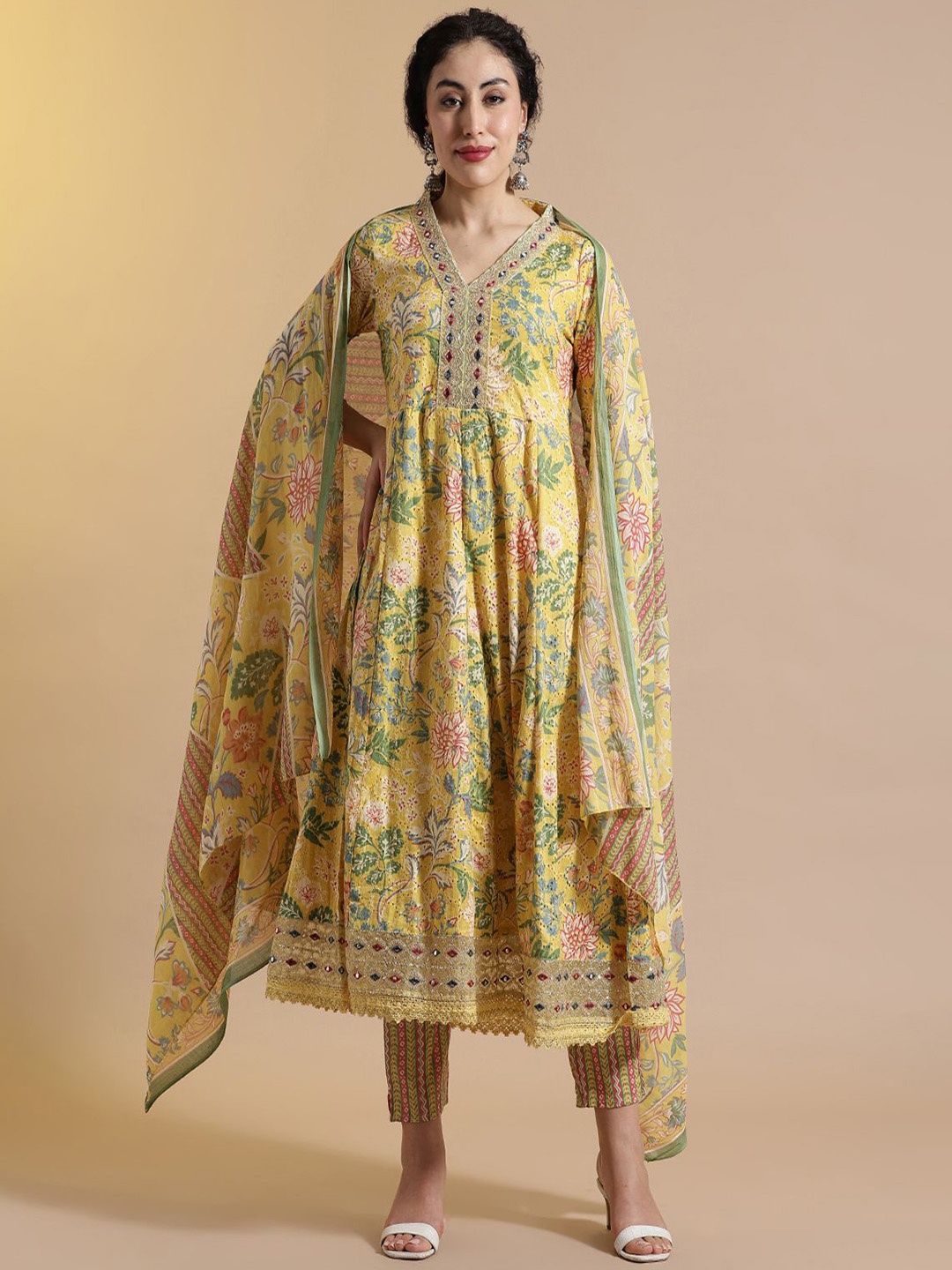 

STYLEBAAZI Women Embroidered Thread Work Pure Cotton Kurta with Trousers & With Dupatta, Yellow