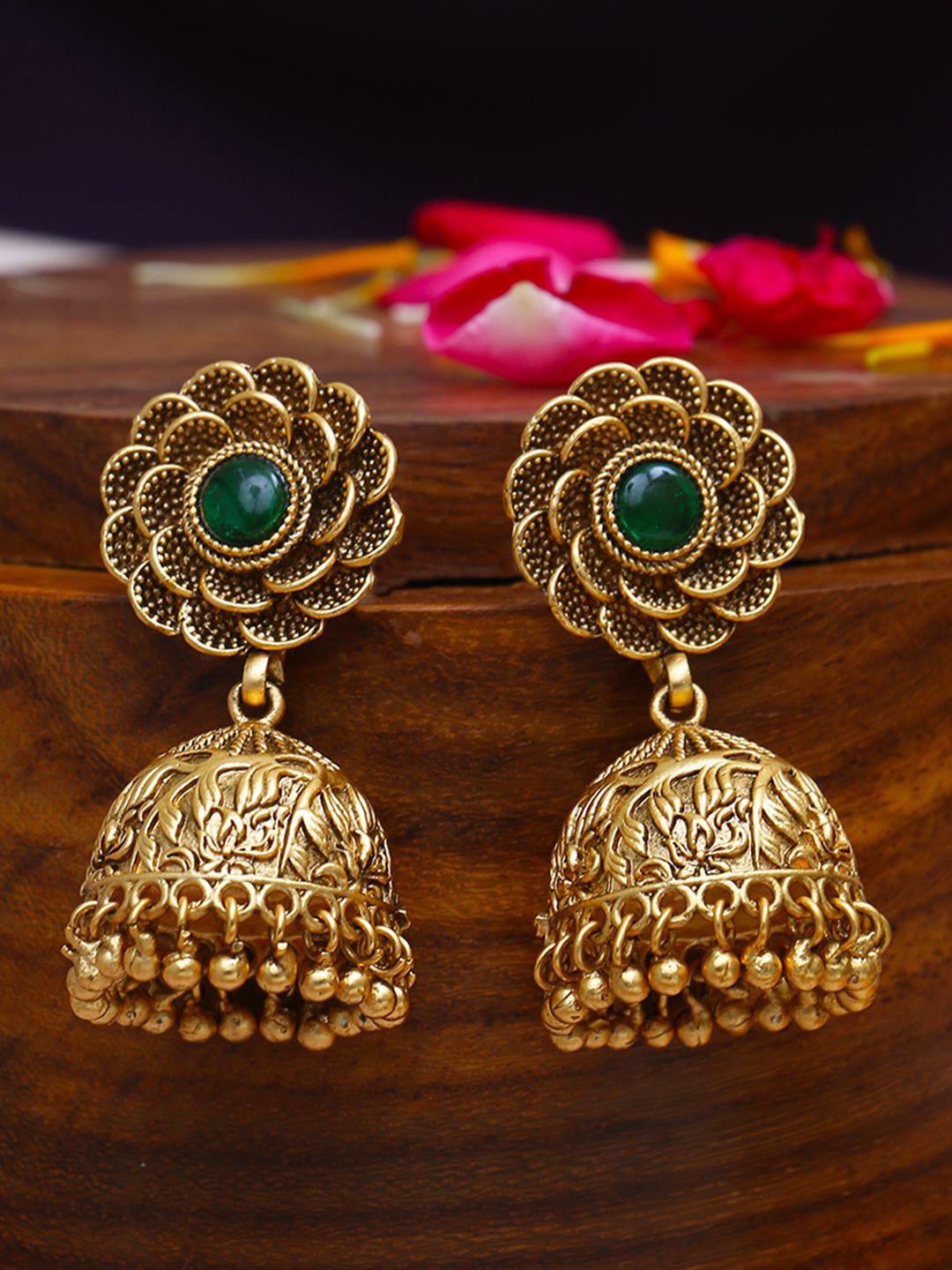 

Anouk Green Gold Plated Artificial Stoned Dome Shaped Jhumkas