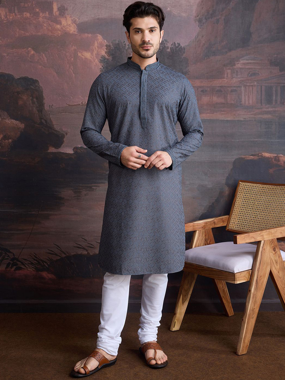 

House of Pataudi Geometric Embroidered Chikankari & Sequinned Cotton Straight Kurta, Grey