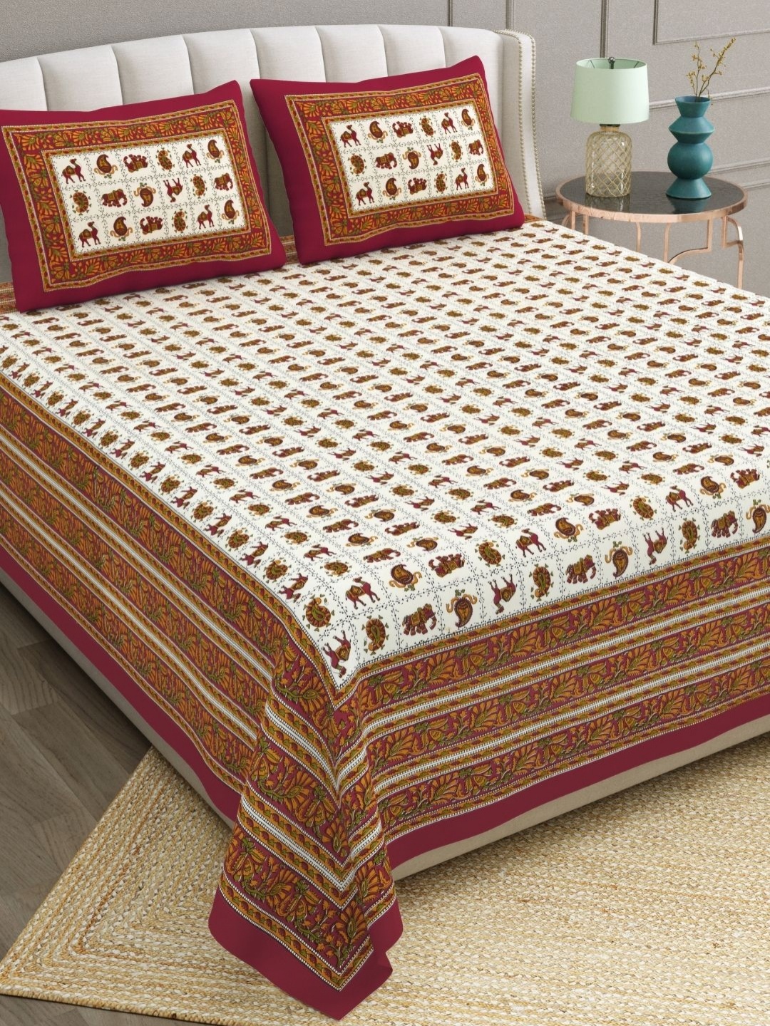 

The Craft Monk Beige & Red Printed Cotton 240 TC King Bedsheet with 2 Pillow Covers