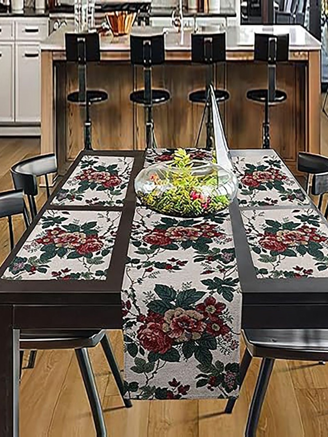 

PRAKARTIK Set of 5 White & Red Floral Printed Cotton Dining Table Mats With Runner