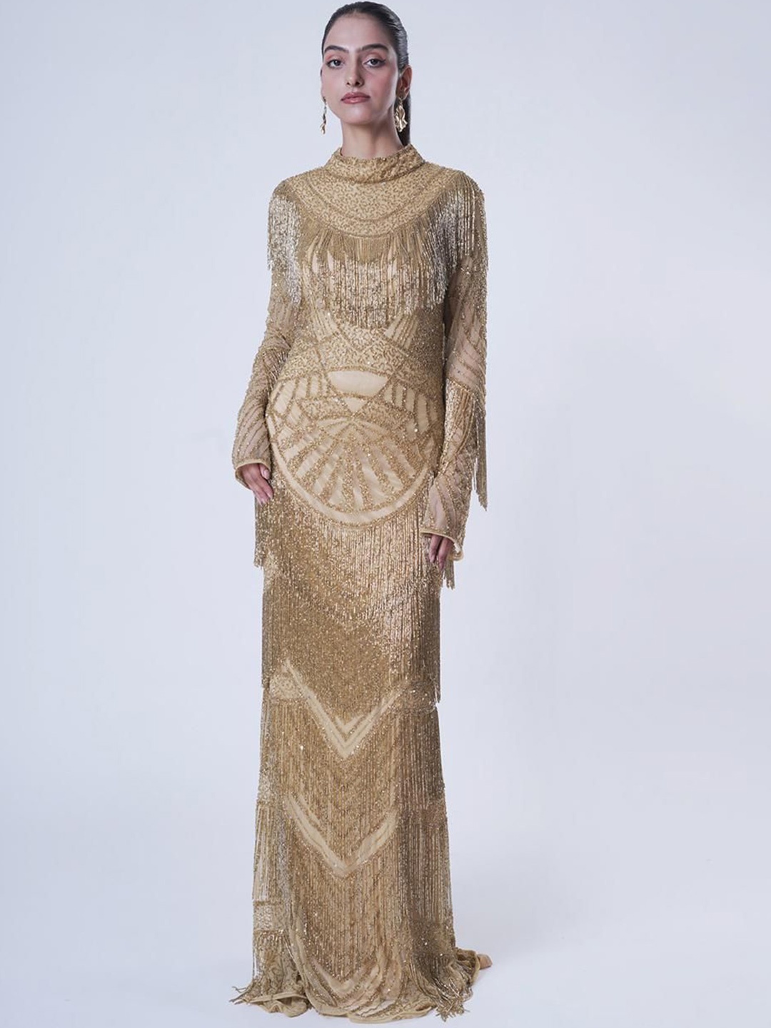 

UPGRADE Embellished Choker Neck Net Maxi Dress, Gold