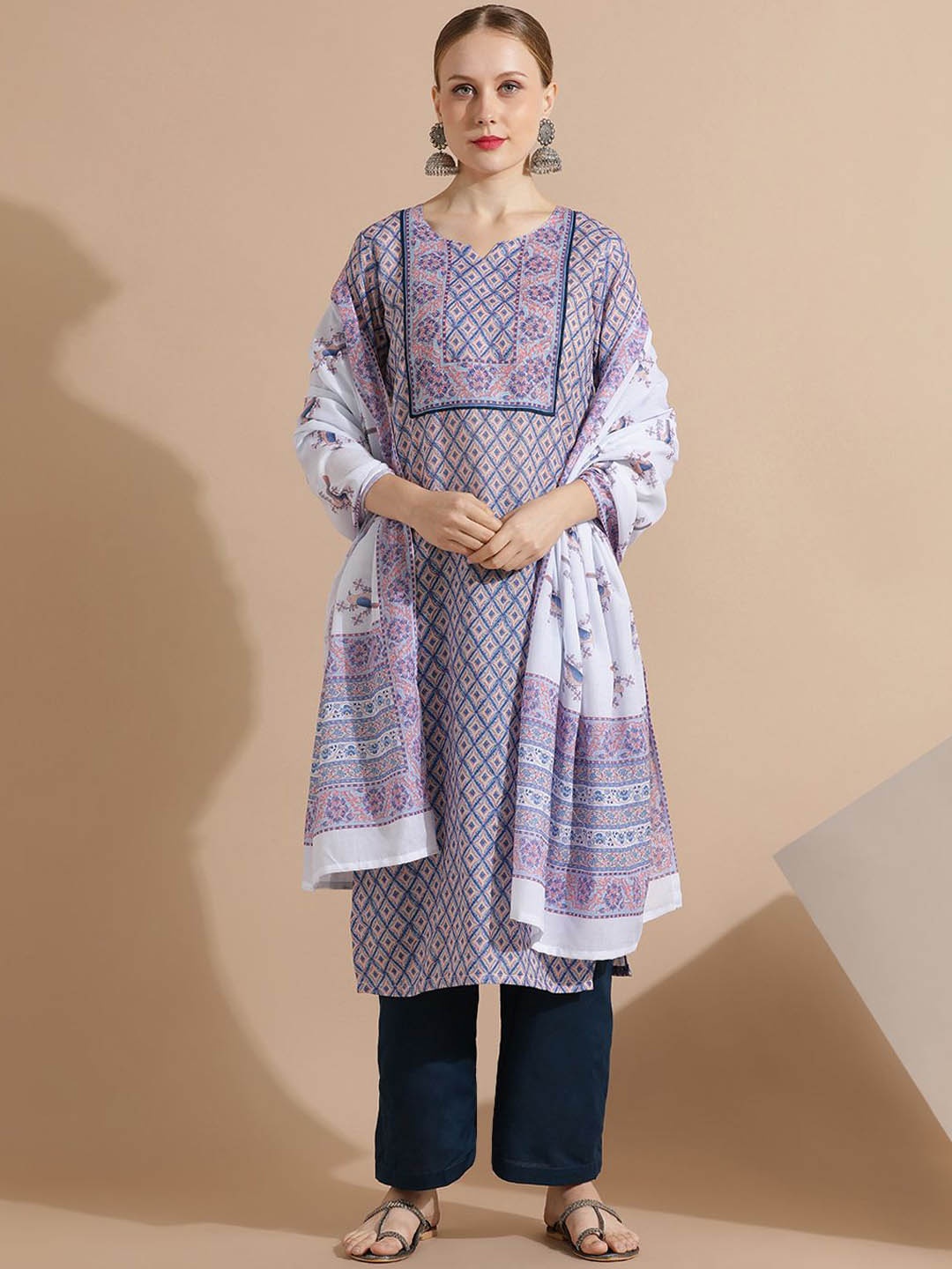 

Jaipur Kurti Block Printed Cotton Kurta Set With Dupatta, Blue