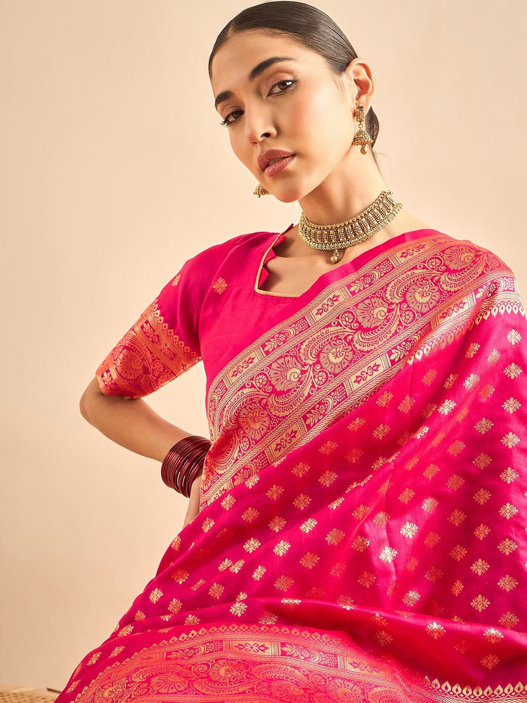 

Sangria Ethnic Motifs Woven Design Banarasi Saree, Pink