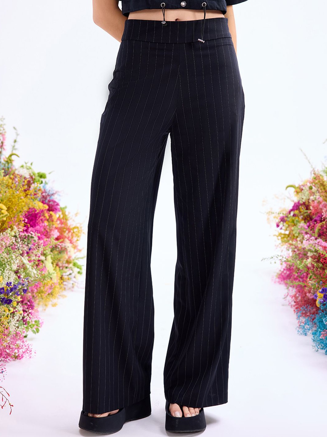 

COVER STORY Women Striped Wide Leg Trousers, Black