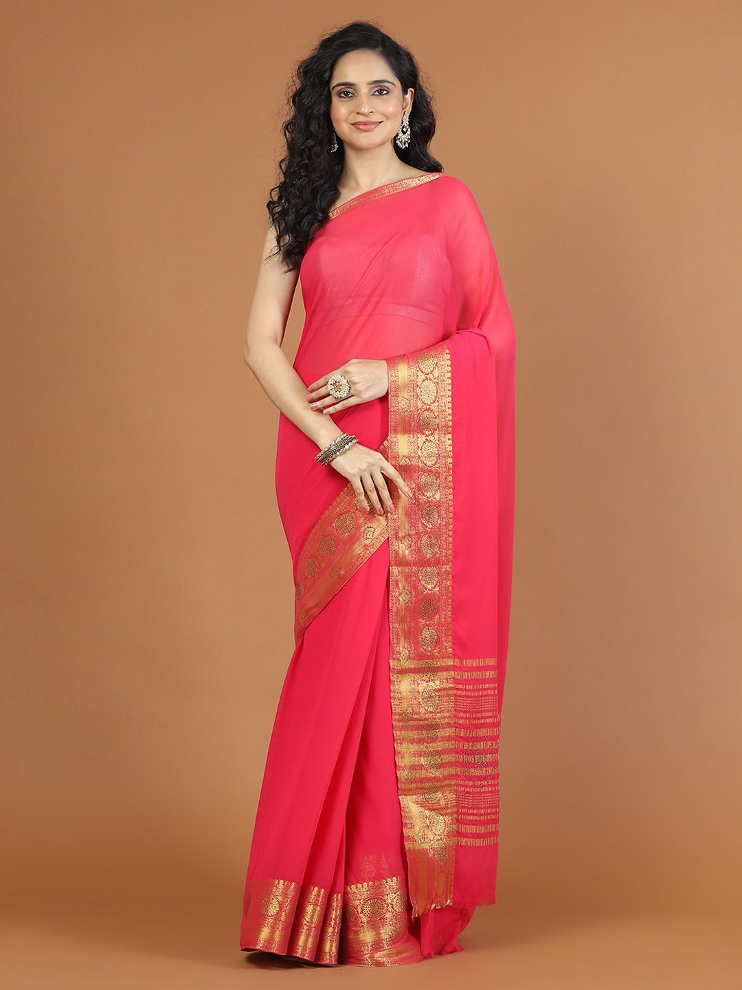 

Meena Bazaar Solid Zari Saree, Pink