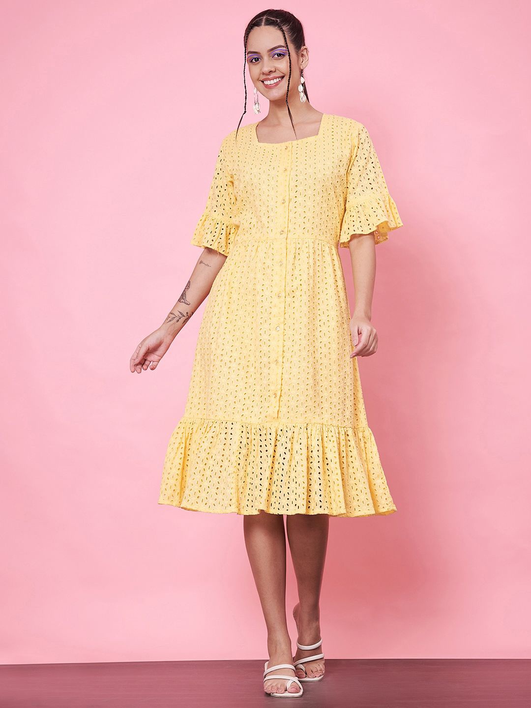 

Kannan Flared Sleeve A-Line Women Dress, Yellow