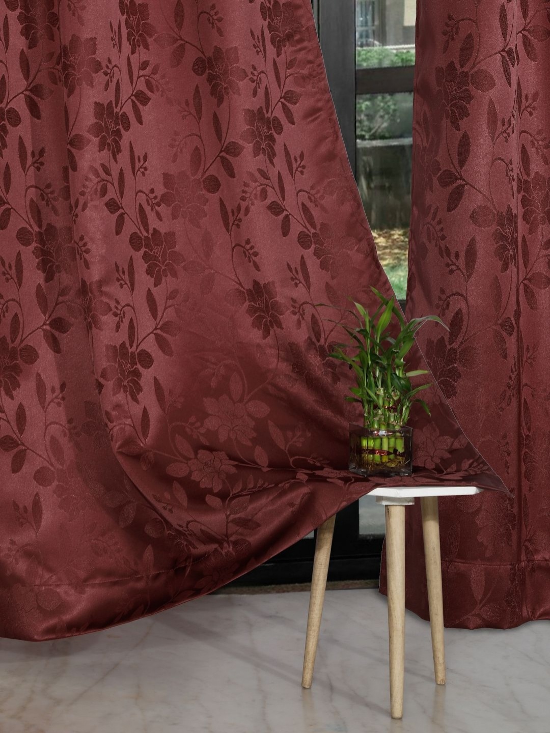

ROSARA HOME Maroon 2 Pieces Floral Printed Jacquard Long Door Curtains