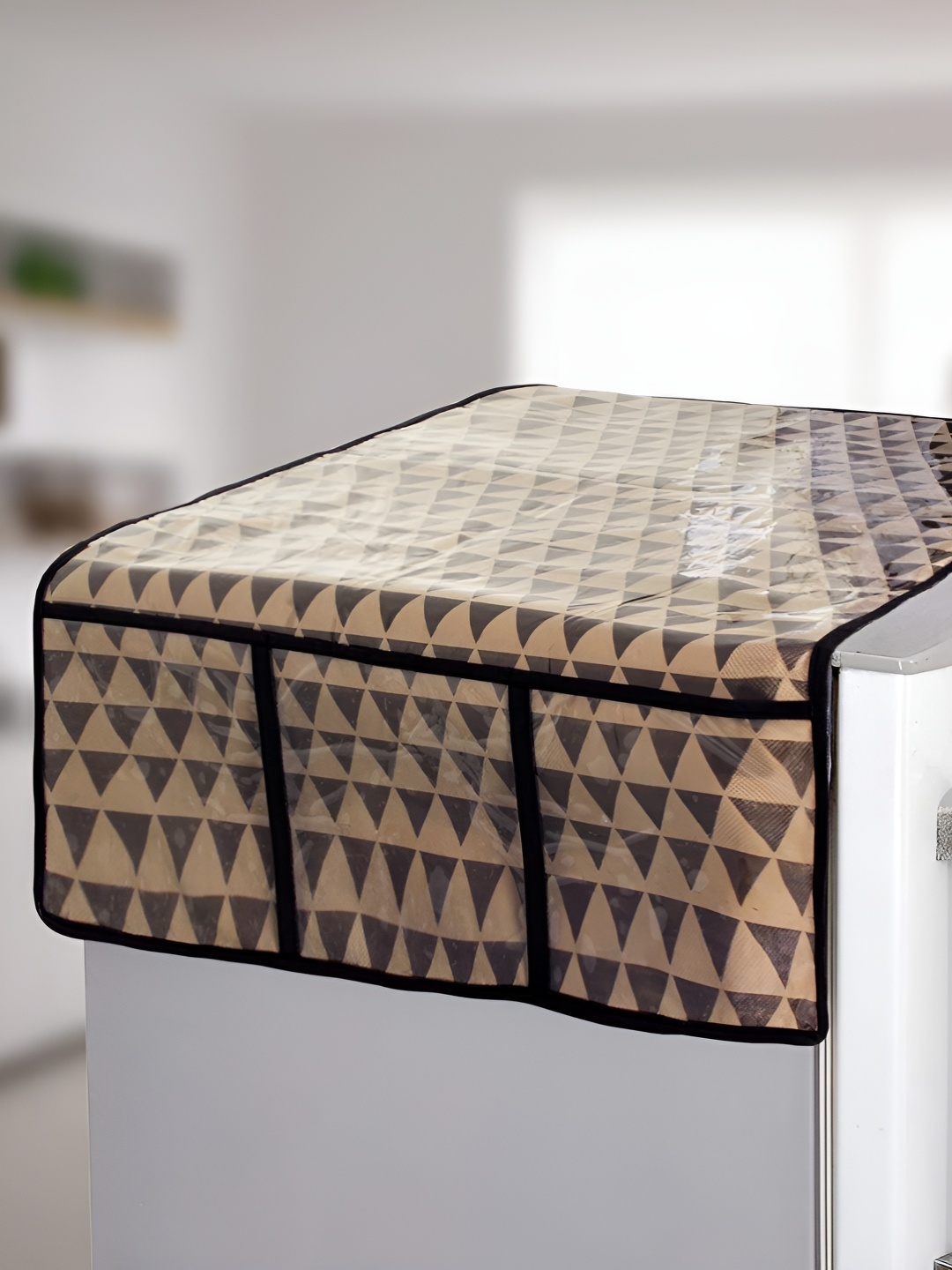 

prettykrafts Brown & Black Printed Refrigerator Top Cover With 6 Utility Cover