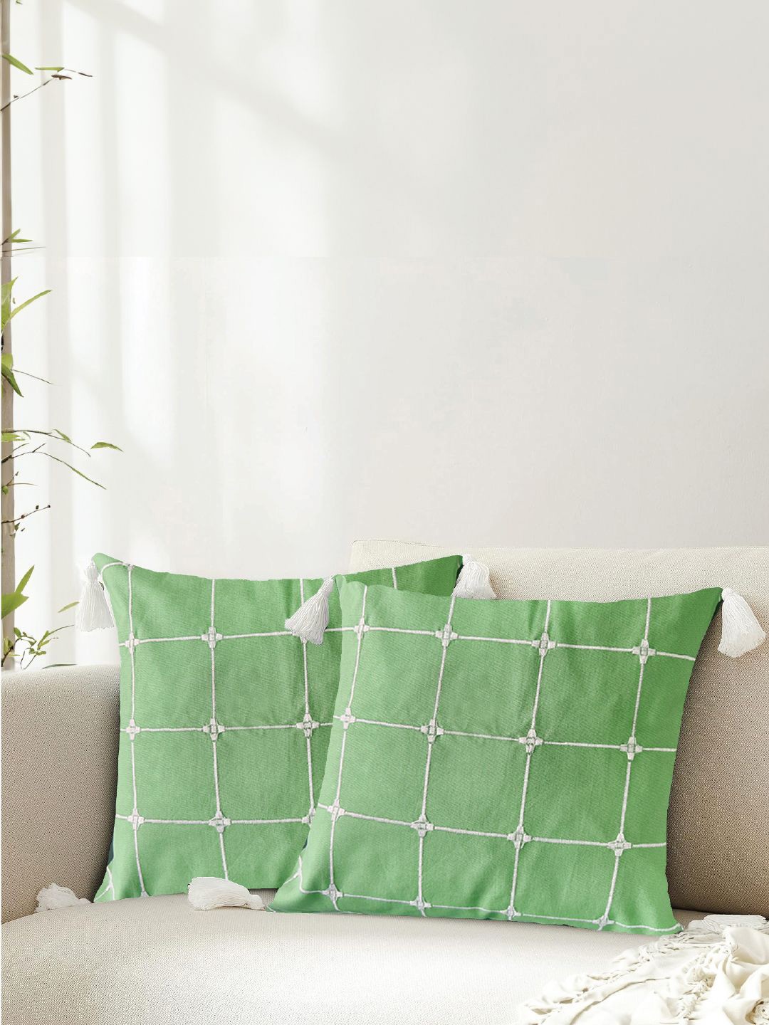 

URBAN SPACE Green & White 2 Pieces Embroidered Pure Cotton Square Cushion Covers