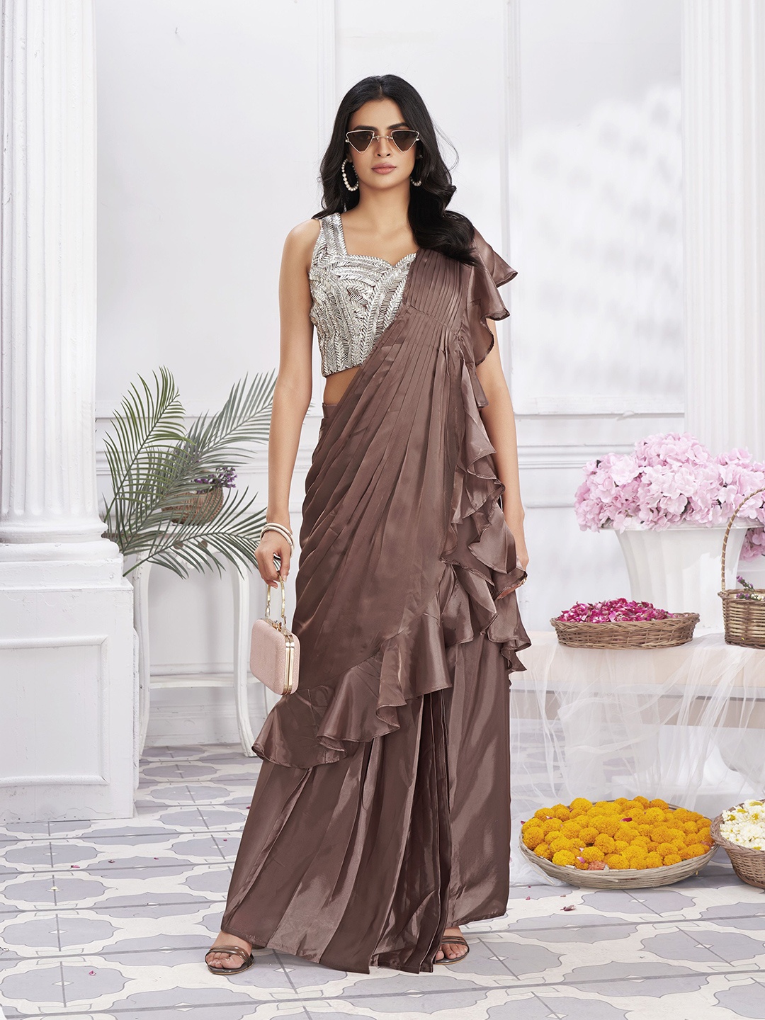 

JIVORA Solid Pure Silk Ready to Wear Saree, Brown