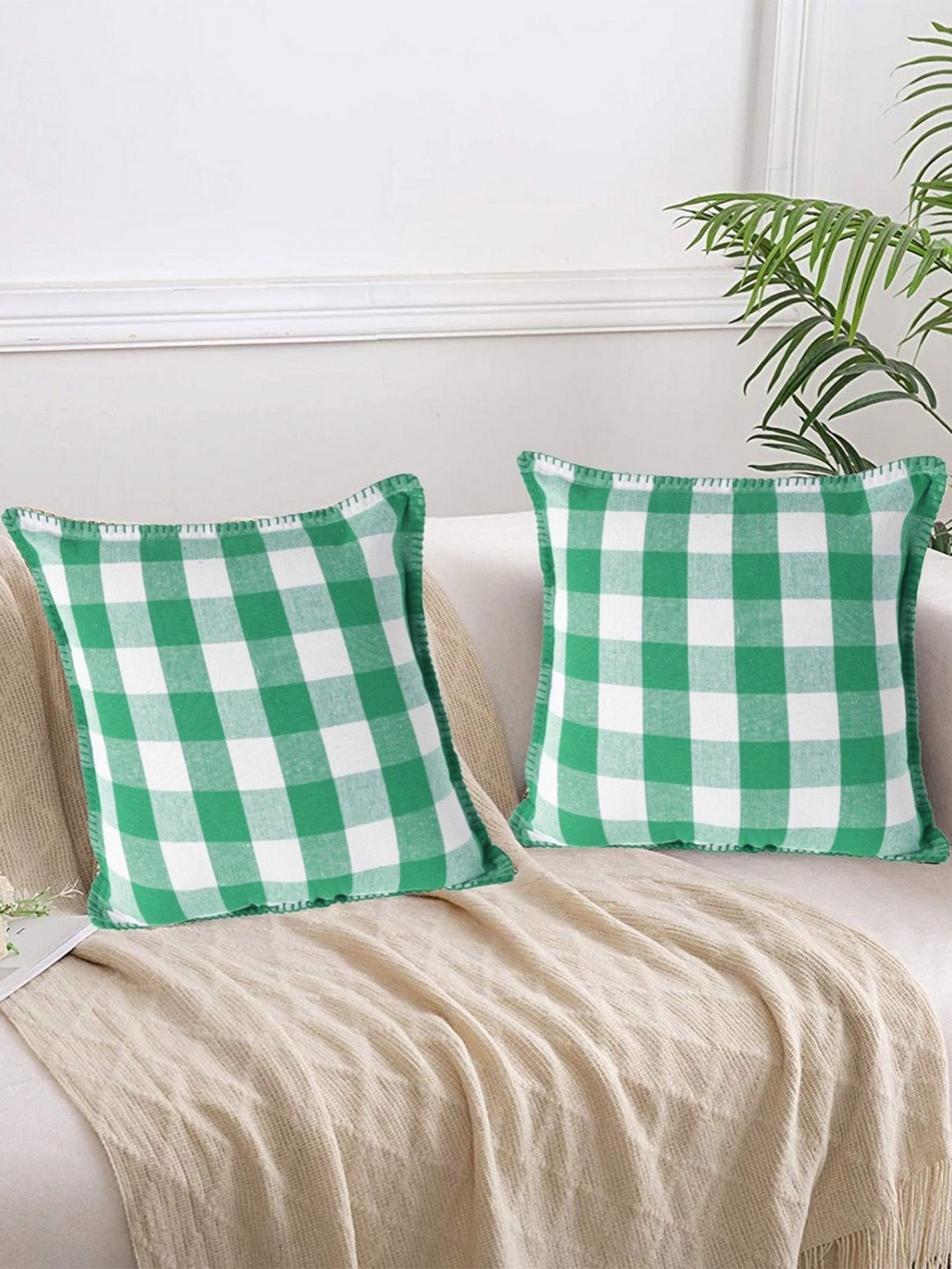 

Lushomes Green & White 2 Pieces Checked Cotton Square Cushion Covers