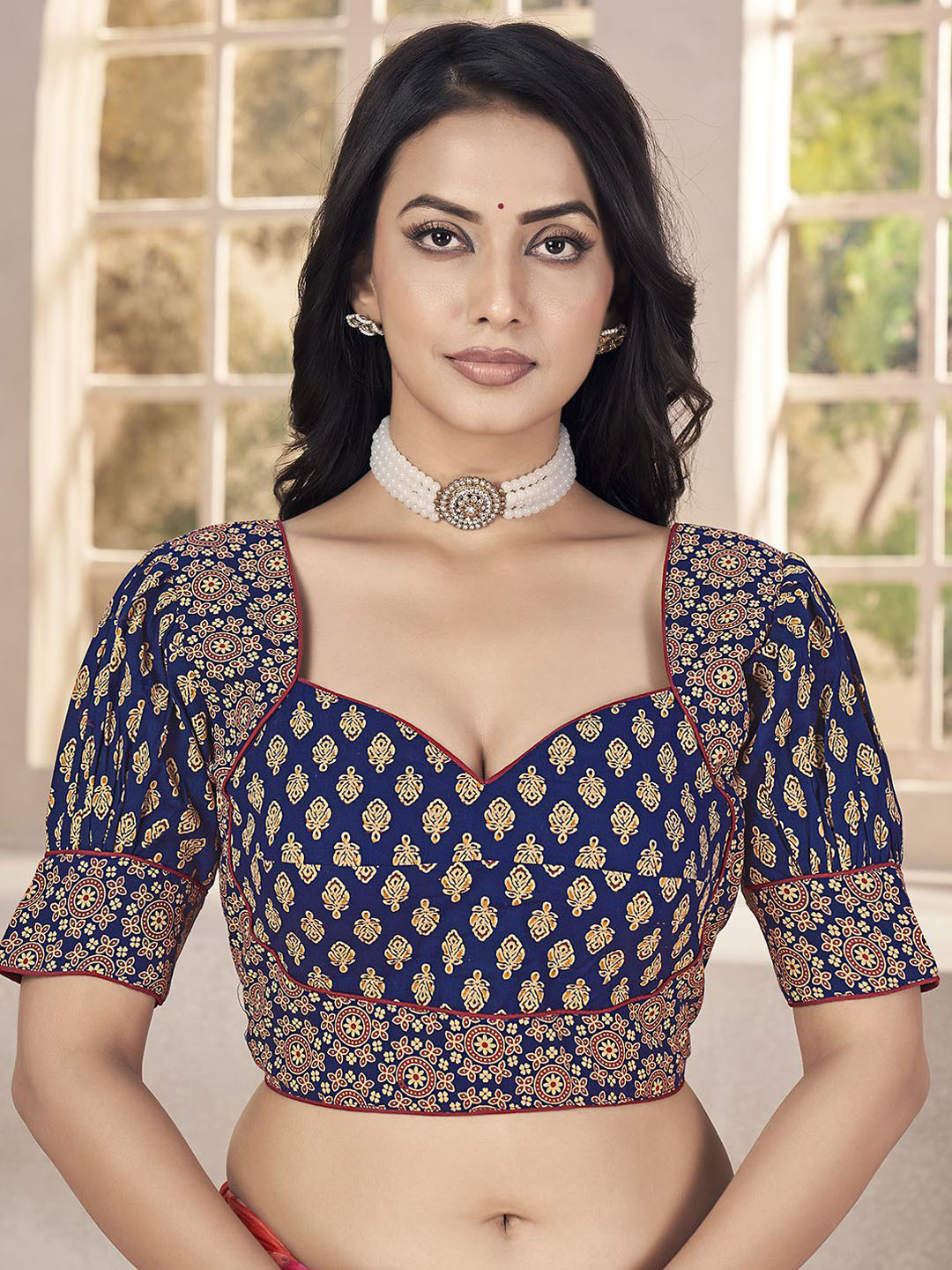 

SHOPGARB Printed Cotton Women Saree Blouse, Blue