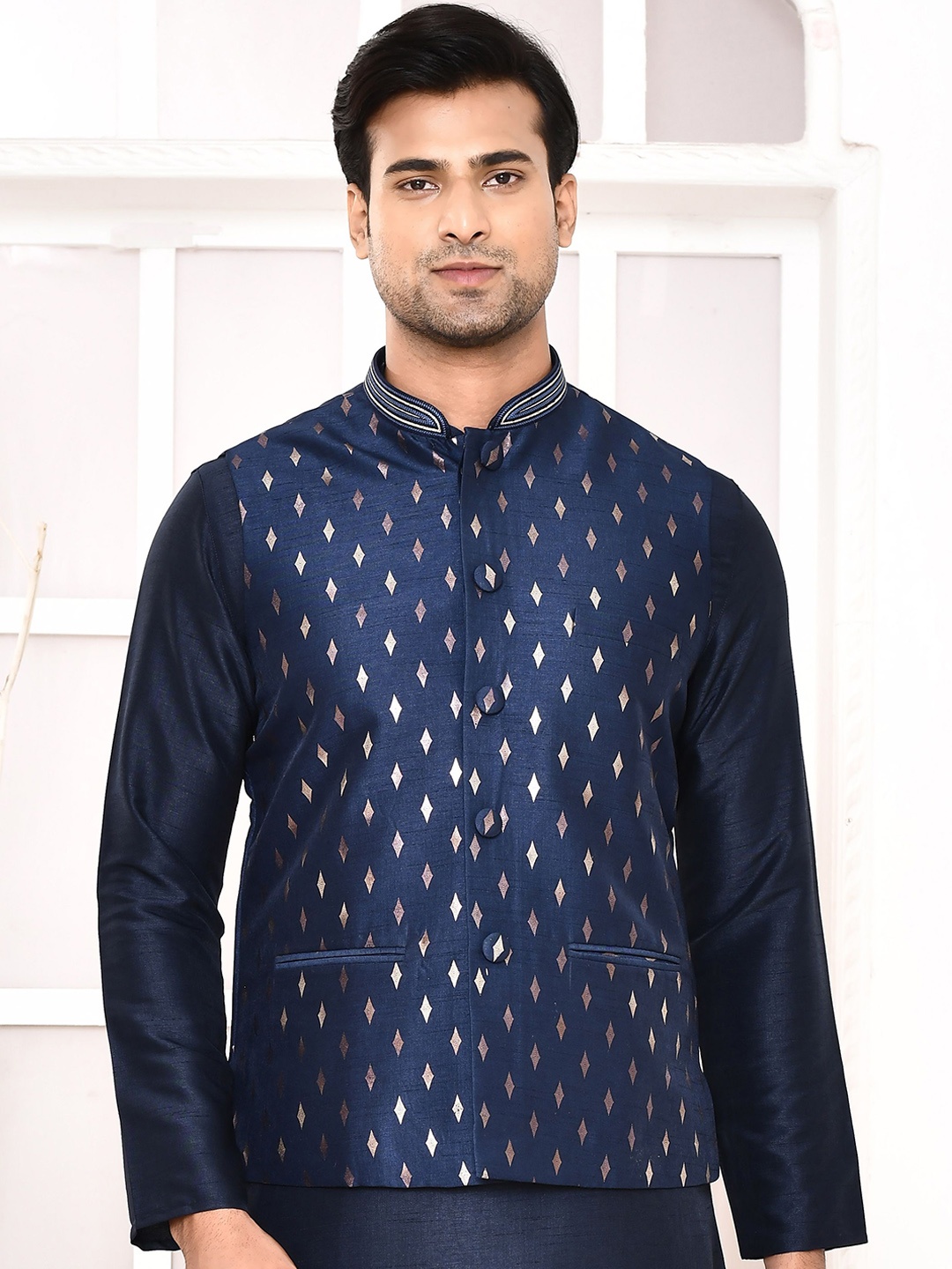 

MAAHI FABS Mandarin Collar Regular Kurta With Churidar With Geometric Printed Nehru Jacket, Blue