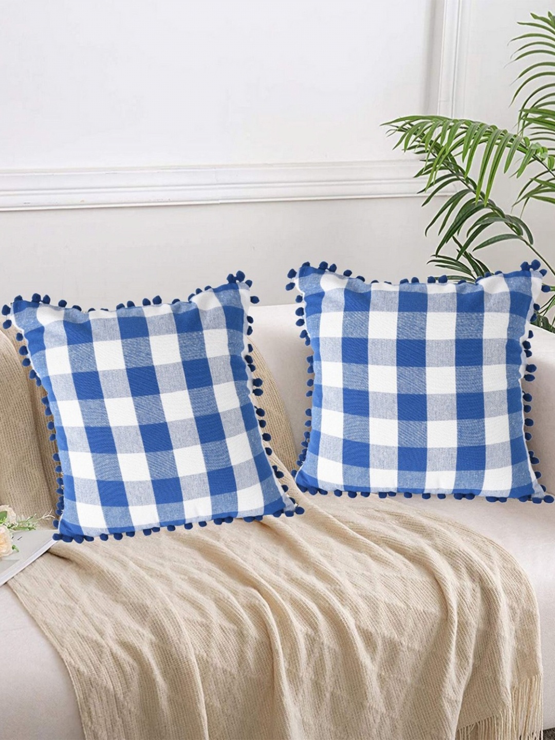 

Lushomes Green & White 2 Pieces Checked Square Cushion Covers With Pom Pom
