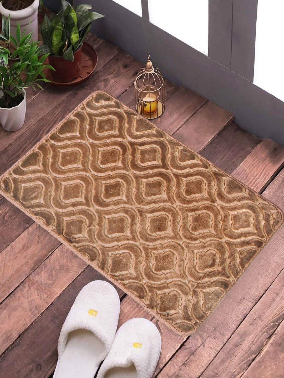 

FABINALIV Brown & Beige Geometric Rectangular Anti Skid Doormat
