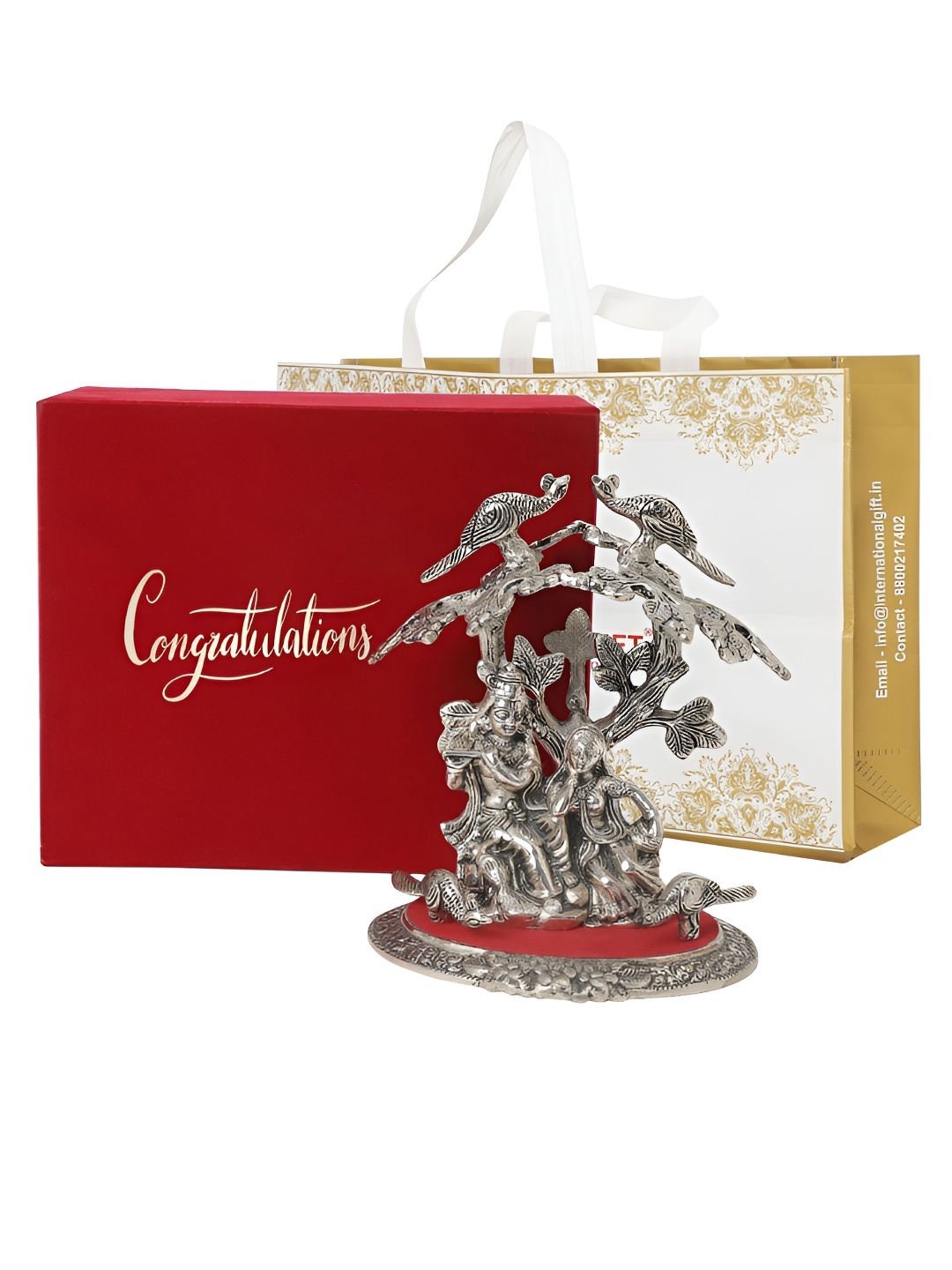 

INTERNATIONAL GIFT Silver-Toned Religious Radha Krishna Tree With Box & Congratulation Tag