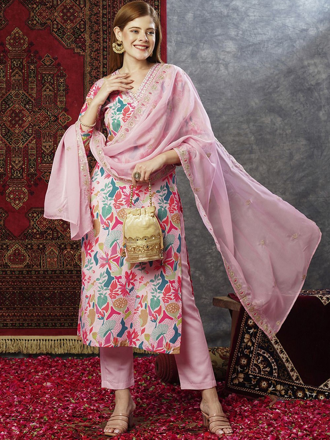 

GoSriKi Ethnic Motifs Printed Zari Straight Kurta With Trouser & Dupatta, Pink