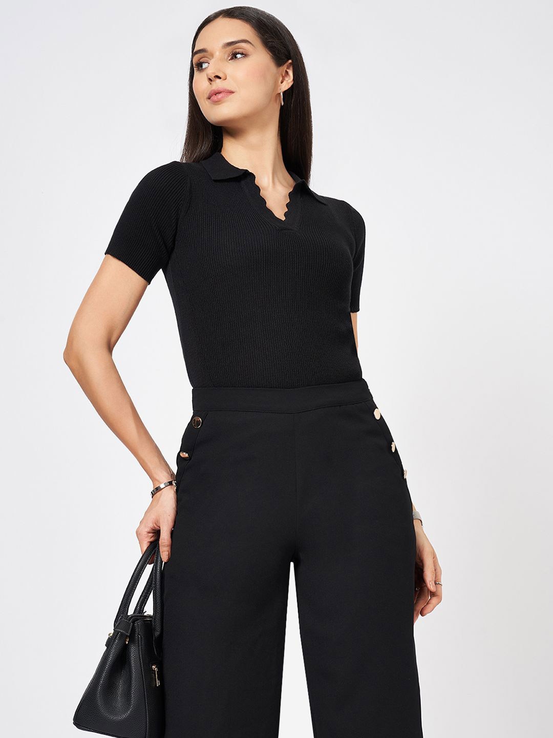 

Annabelle by Pantaloons Women Solid Shirt Collar Cotton Top, Black